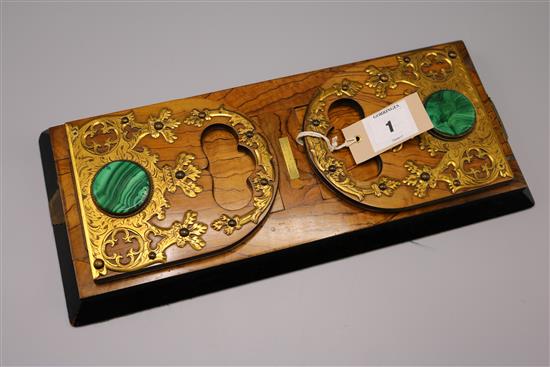 A Victorian ormolu and malachite mounted bookslide, retailed by Parkins & Gotto, 16in.
